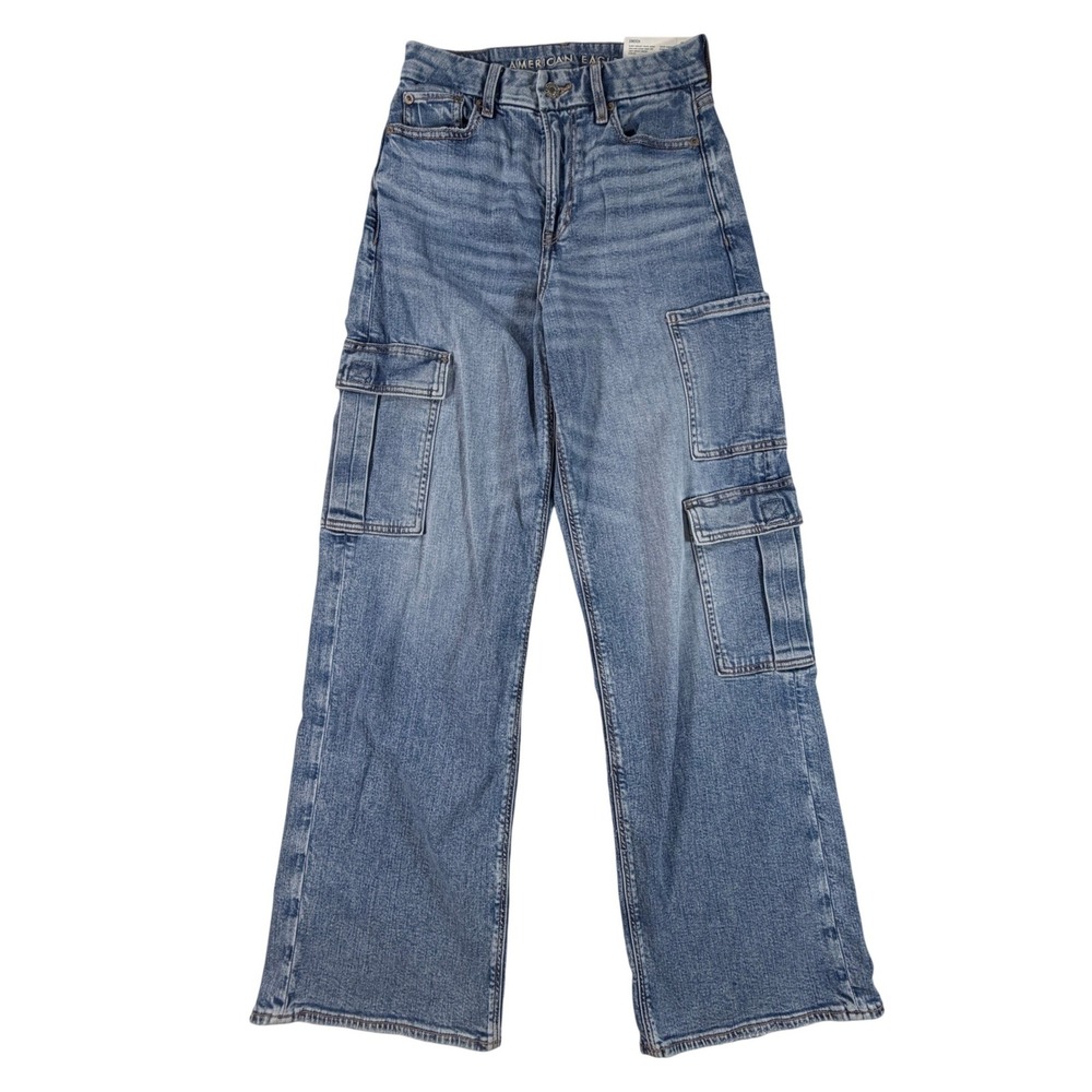 American Eagle Curvy Super High-Rise Baggy Wide Leg Cargo Jeans Light Wash 0 25W - Picture 2 of 13